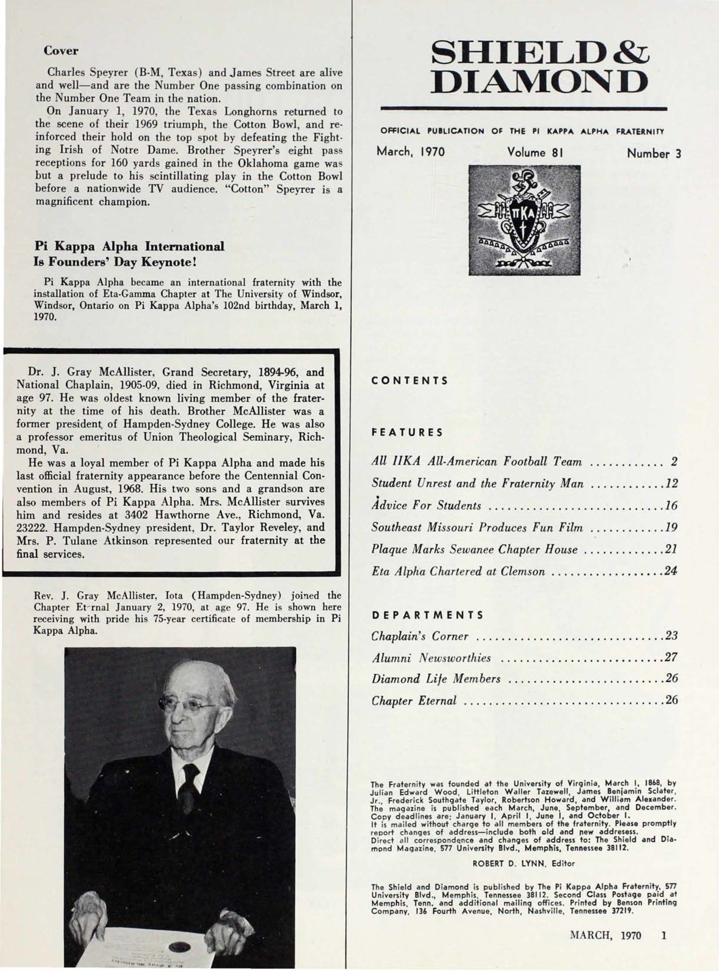 Shield & Diamond, Vol. 81, No. 3, Table of Contents